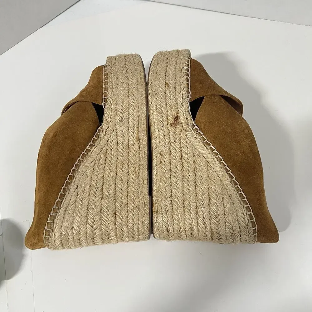 Sigerson Morrison Atifa Espadrille Wedge Sandals Suede Leather Size 7 CamelBrown